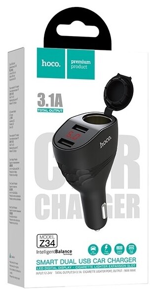 Автомобильное зарядное устройство Hoco Z34 Thunder Power с цифровым дисплеем, двойным USB выходом и портом прикуривателя