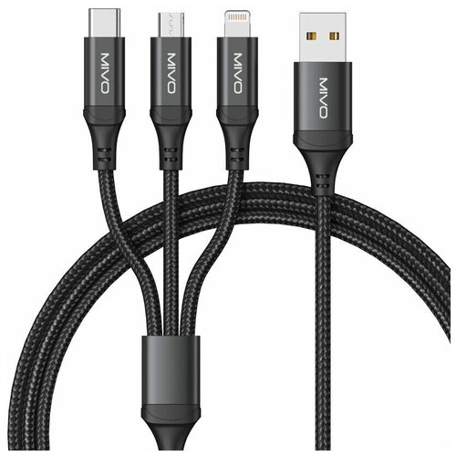 Кабель-разветвитель 3в1 Micro USB + Type-C+ Lightning Mivo MX-74/ 3А/ 1200мм/ быстрая зарядка/ черный