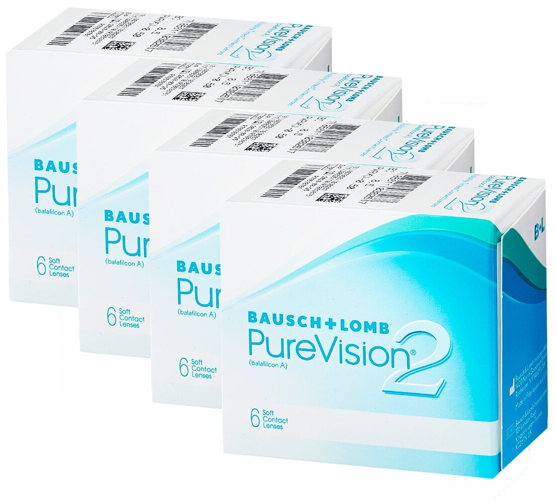 Pure Vision 2 Bausch + Lomb -1.50 / 14 / 8.6, 24 штук (4 пачки по 6 линз) контактные ежемесячные силикон-гидрогелевые. Пьюр Вижн 2 Бауш + Ломб