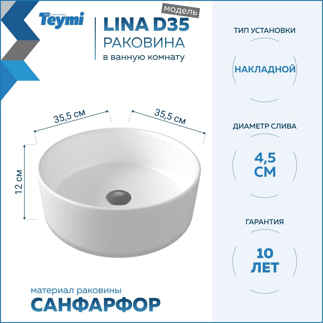 Комплект Teymi 2 в 1: Раковина Lina D35 накладная T50106 + выпуск для раковины 1/4", клик-клак, T90901MDG темно-серый матовый F00152 - фотография № 4