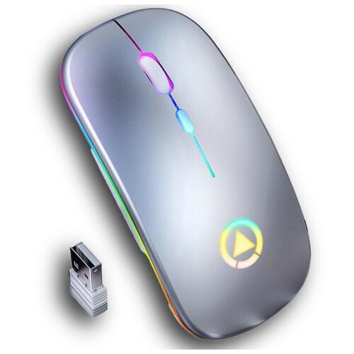 Беспроводная мышка для компьютера со встроенным аккумулятором бесшумная компьютерная мышь с подсветкой RGB серебристая 32000₽