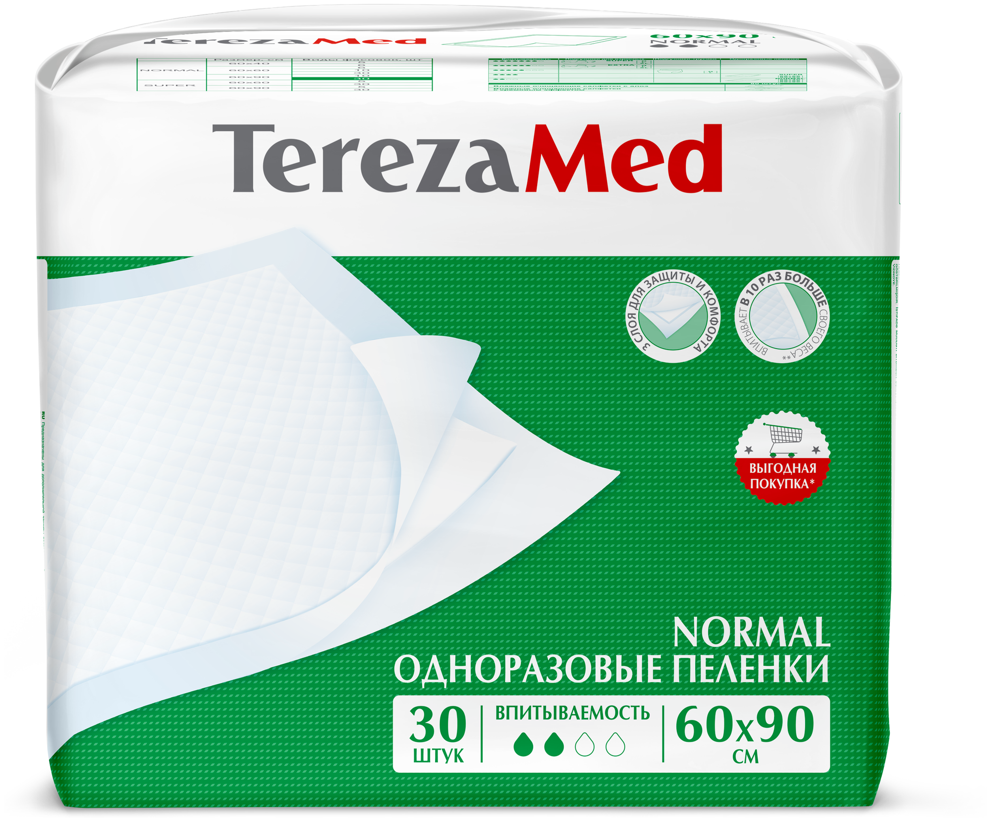 Пеленки TerezaMed одноразовые впитывающие Normal 90102 60 х 90 см (30 шт.)