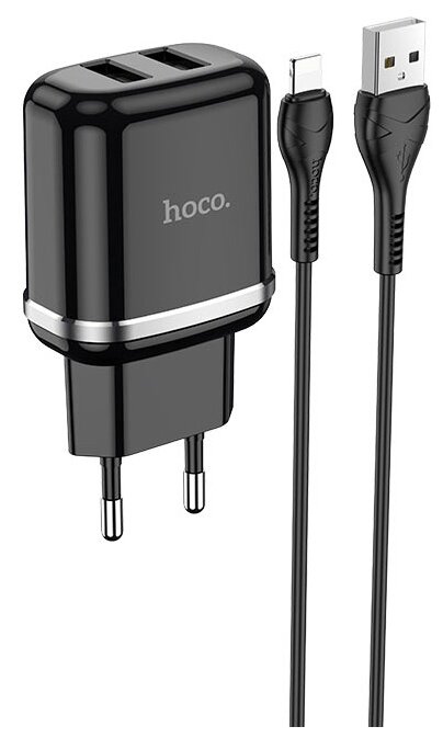 Адаптер питания Hoco N4 Aspiring dual port charger с кабелем Lightning (2USB: 5V max 2.4A) Черный