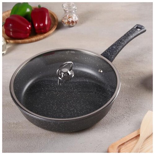 фото Сковорода титан& гранит, d=28 см, индукционное дно, стеклянная крышка, антипригарное покрытие, цве . маруся