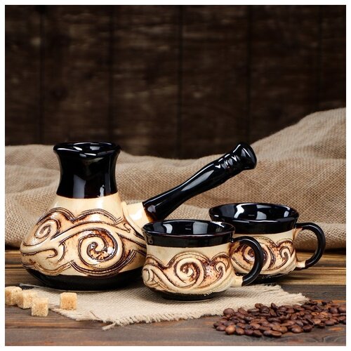 фото Кофейный набор "восточный", 3 предмета: турка 0.5 л, чашки 0.25 л керамика ручной работы