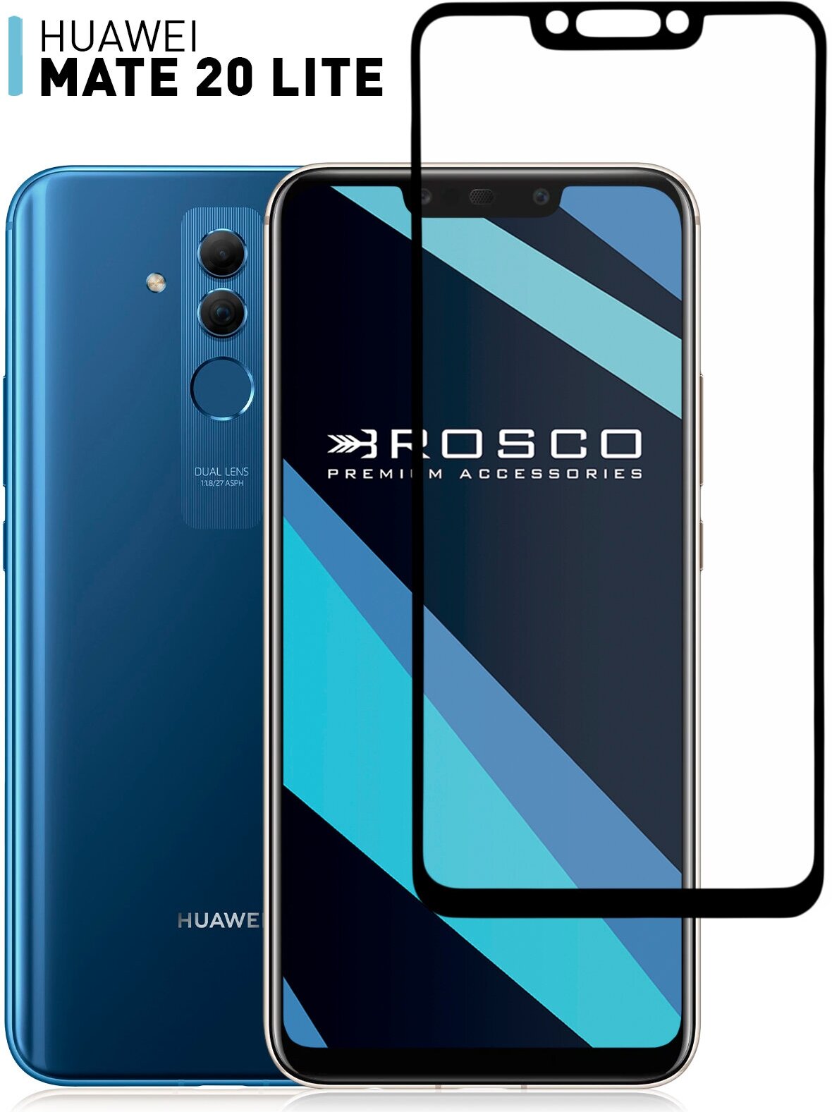 Защитное стекло ROSCO для Huawei Mate 20 Lite (Хуавей Мате 20 Лайт) противоударное с олеофобным покрытием с черной рамкой