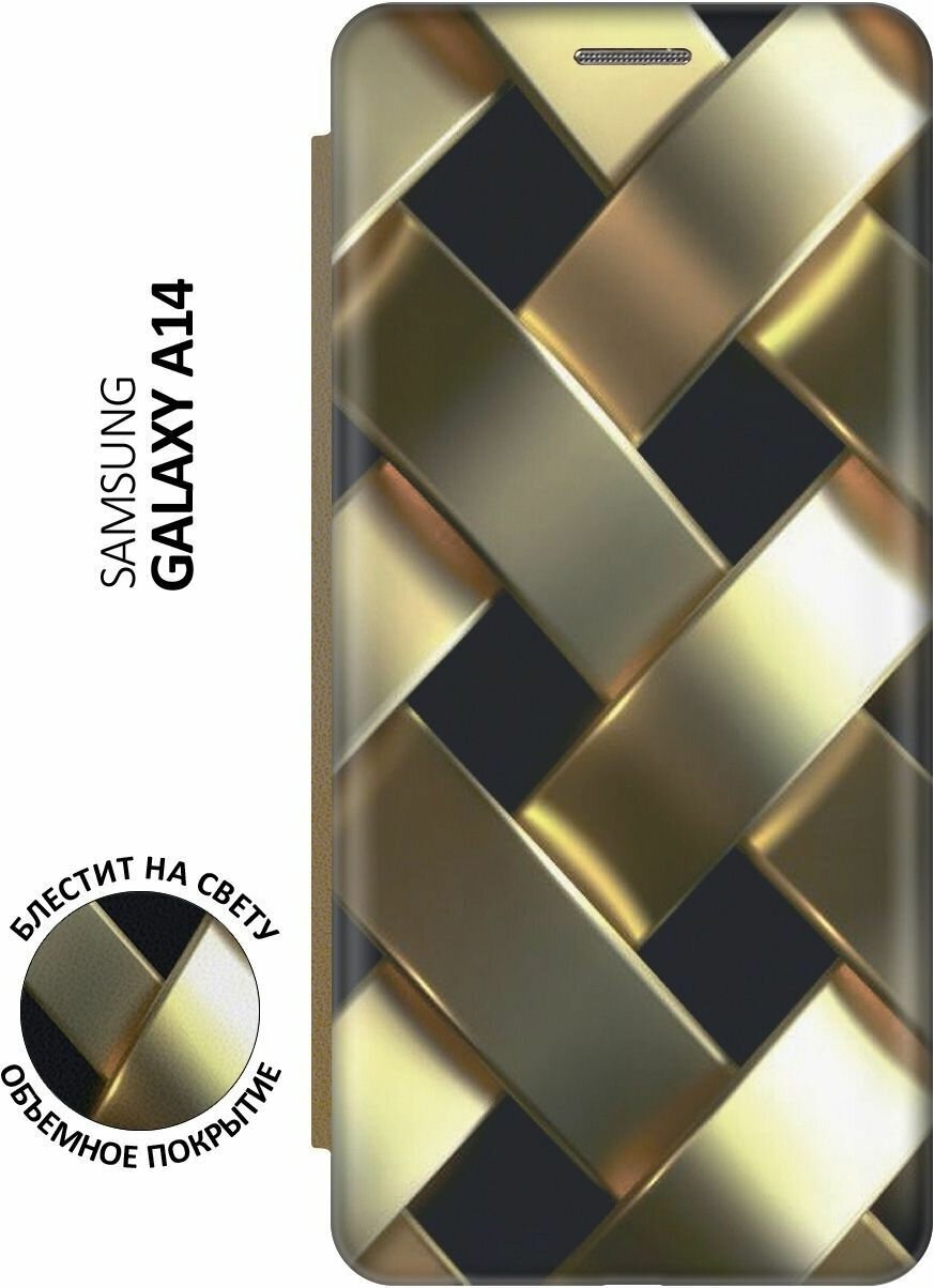 Чехол-книжка на Samsung Galaxy A14, Самсунг А14 c принтом "Золотистое плетение" золотистый