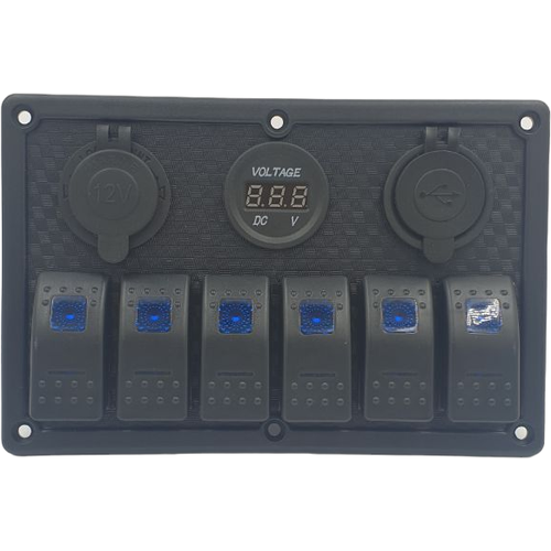 Панель с 6 клавишными выключателями, розетками и вольтметром
