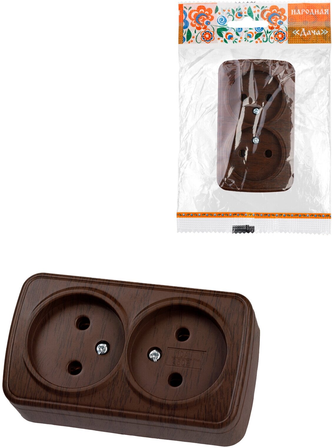 фото Розетка двойная 2П открытой установки IP20 10А, венге "Дача" Народная