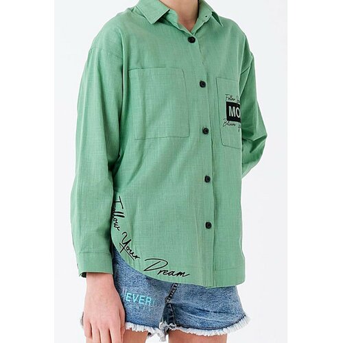 Школьная рубашка , свободный силуэт, на пуговицах, длинный рукав, манжеты, карманы, размер 146, зеленый