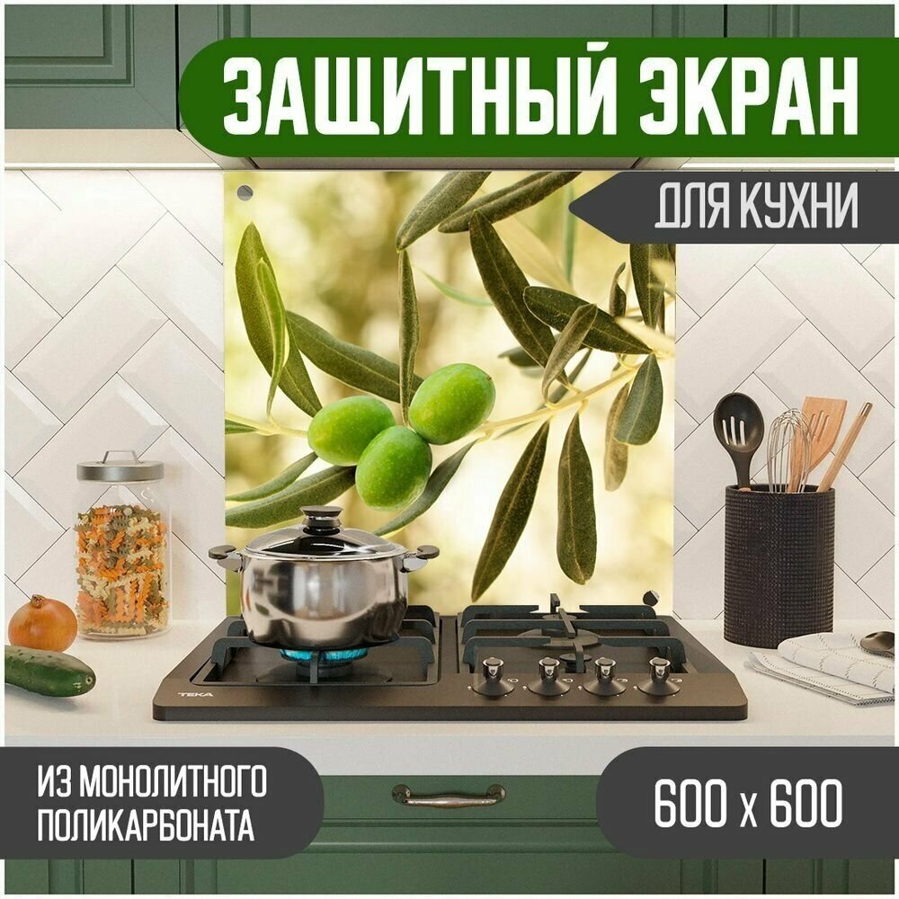 Защитный экран для кухни 600 х 600 х 3 мм "Оливки", акриловое стекло на кухню для защиты фартука, прозрачный монолитный поликарбонат, 600-023 - фотография № 1