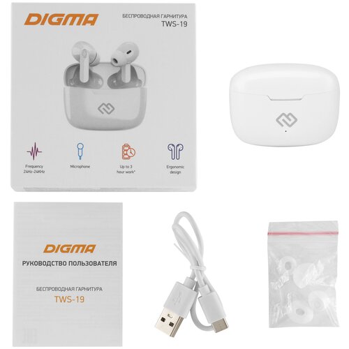 Гарнитура Digma TWS-19, Bluetooth, белый гарнитура digma tws 12 bluetooth вкладыши белый [tws12w]