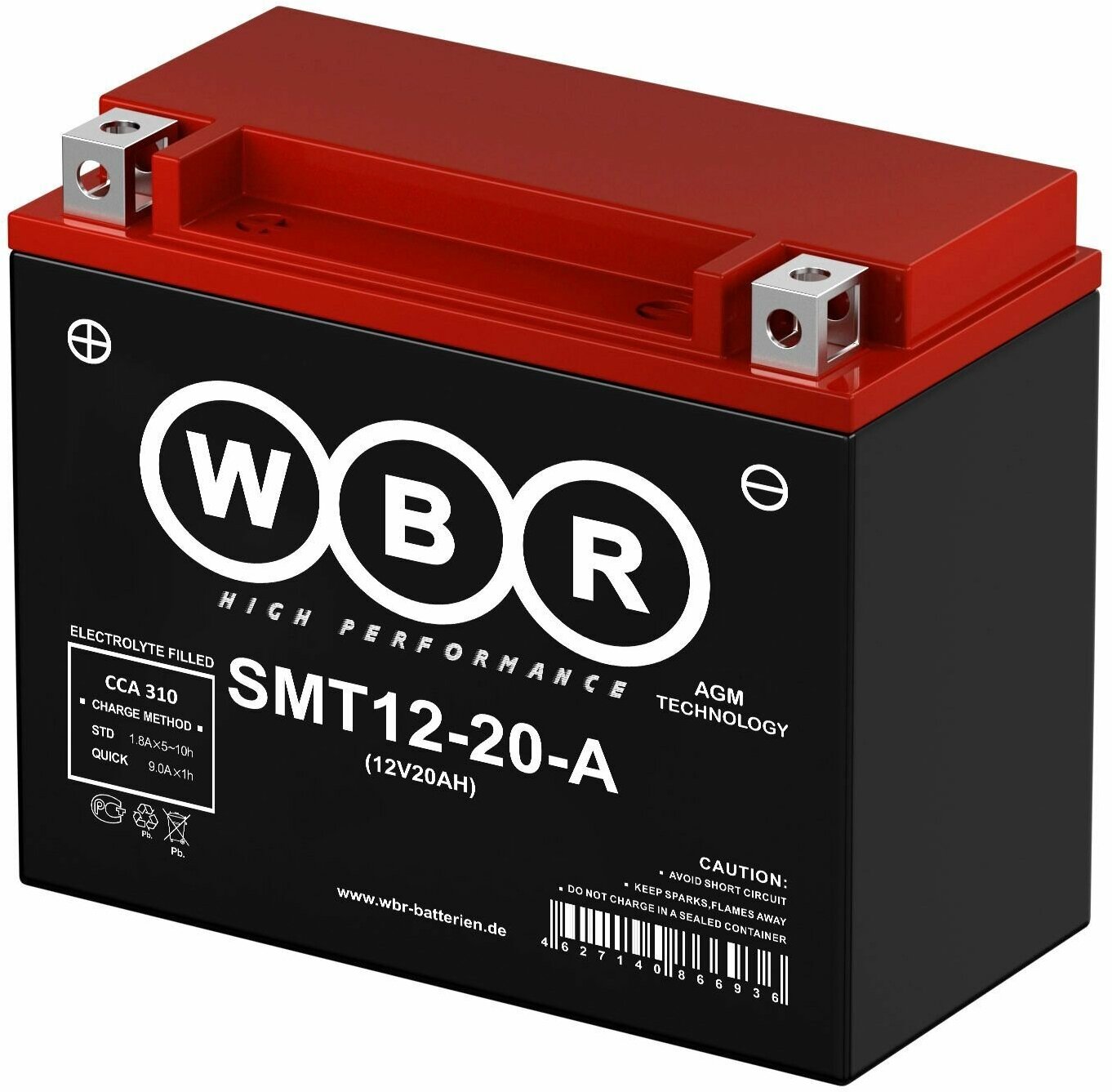 Мото аккумулятор стартерный WBR SMT12-20-A 12В 20Ач (12V 20Ah) YTX20H-BS 310A AGM для мотоцикла BMW скутера гидроцикла квадроцикла снегохода