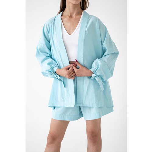 фото Костюм lisbrand, кимоно и шорты, повседневный стиль, свободный силуэт, манжеты, пояс/ремень, размер 44, синий, голубой