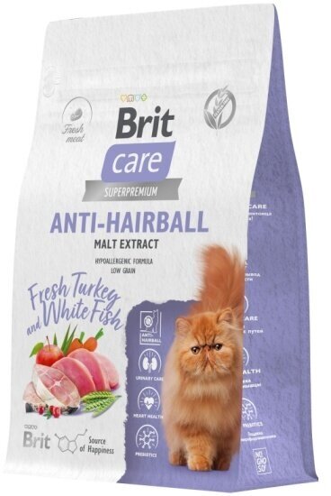 Корм сухой Brit CARE Cat Anti-Hairball вывод шерсти для взрослых кошек с белой рыбой и индейкой 1.5 кг