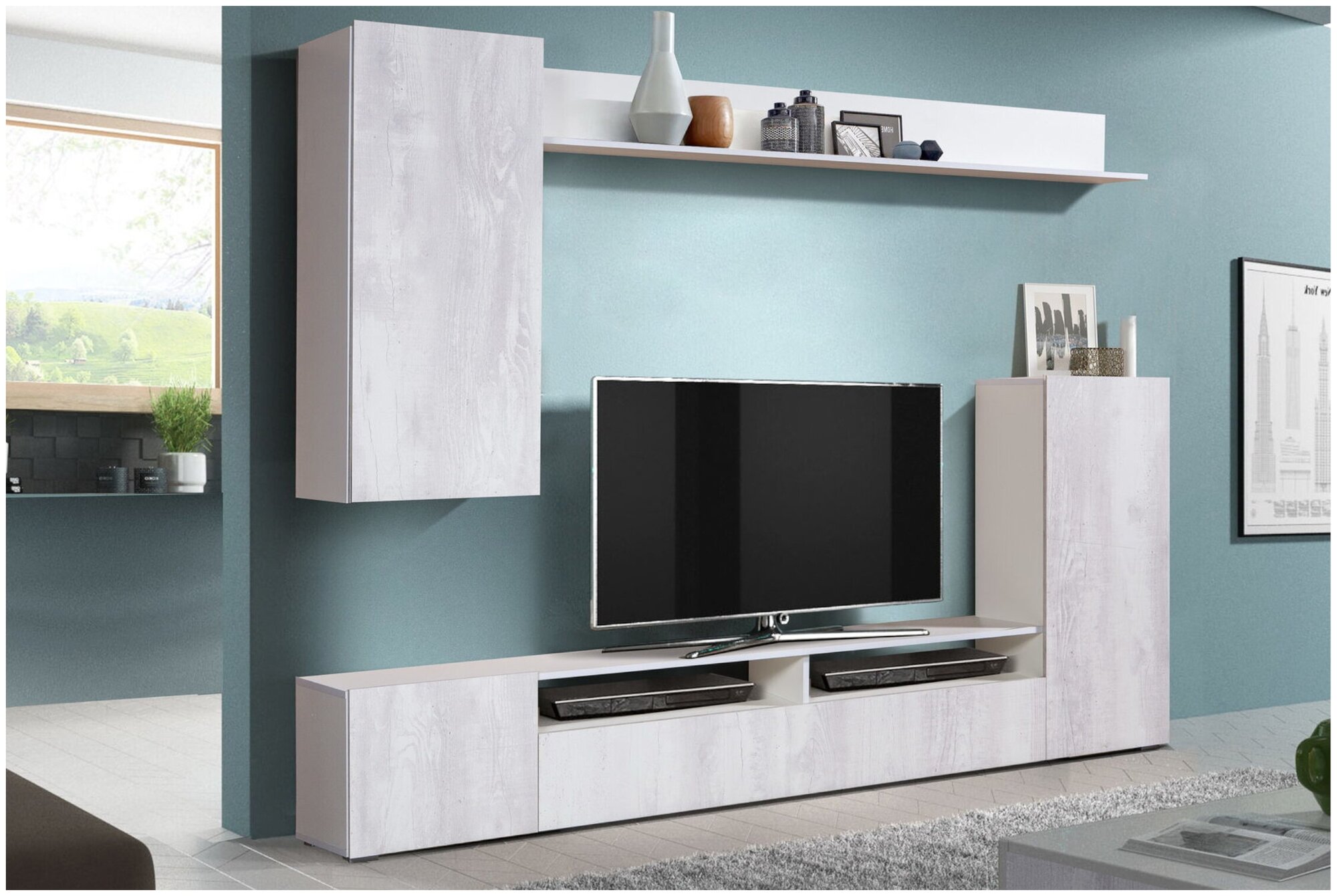 фото Стенка Олимп Прага-3 белый / бетон пайн белый 213х35х170 см