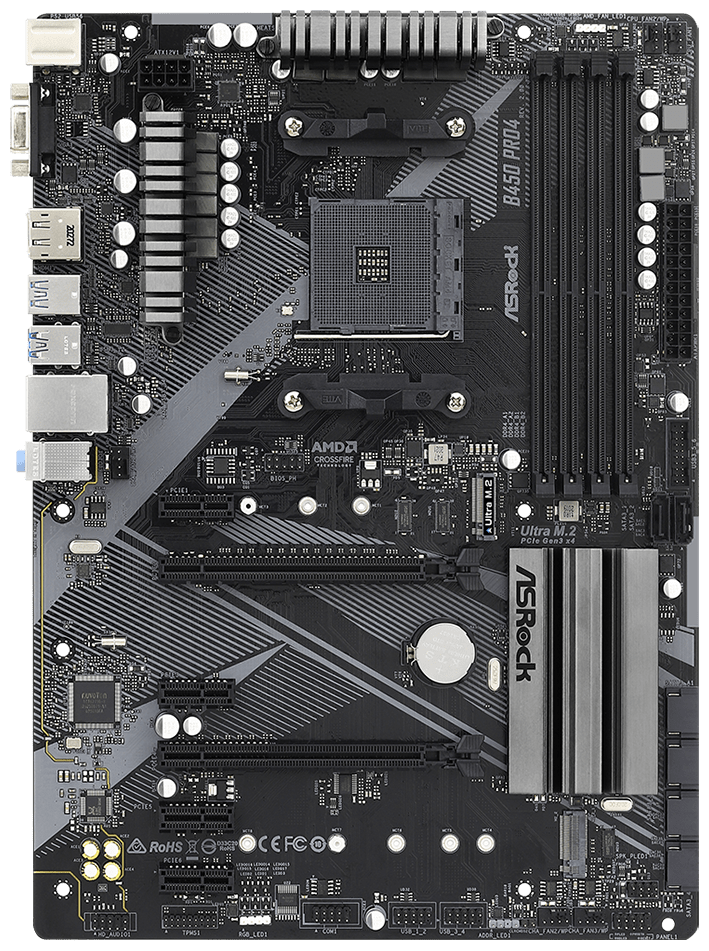 Материнская плата Asrock B450 PRO4 R2.0 Soc-AM4 AMD B450 4xDDR4 ATX AC`97 8ch(7.1) GbLAN Raid+vga+hd