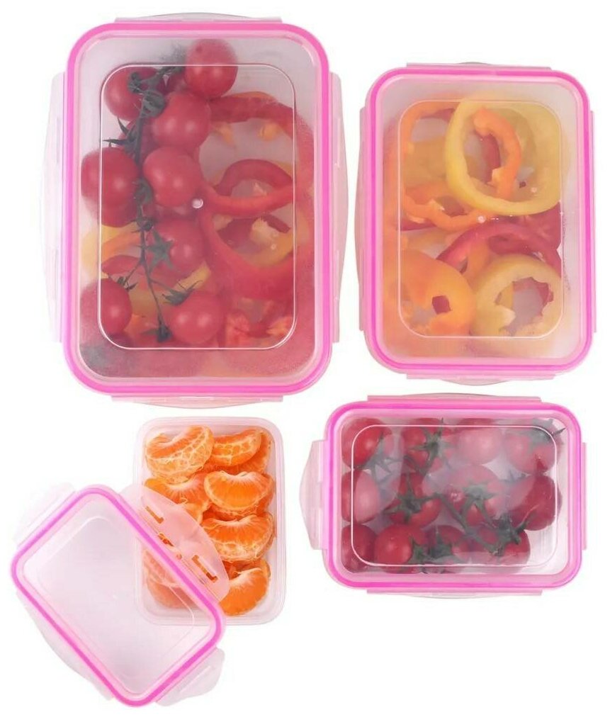 Набор пищевых контейнеров "Прозрачный" розовый №8 с замкообразной крышкой, прямоугольные, 4 штуки - фотография № 2