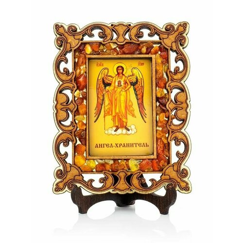 Иконка в резной деревянной оправе с магнитом, украшенная янтарём Ангел Хранитель