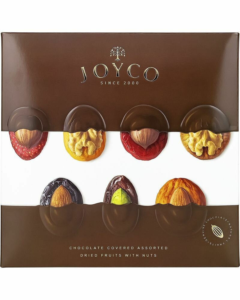 Шоколадные конфеты JOYCO, Ассорти сухофруктов в шоколаде с орехами, 157г