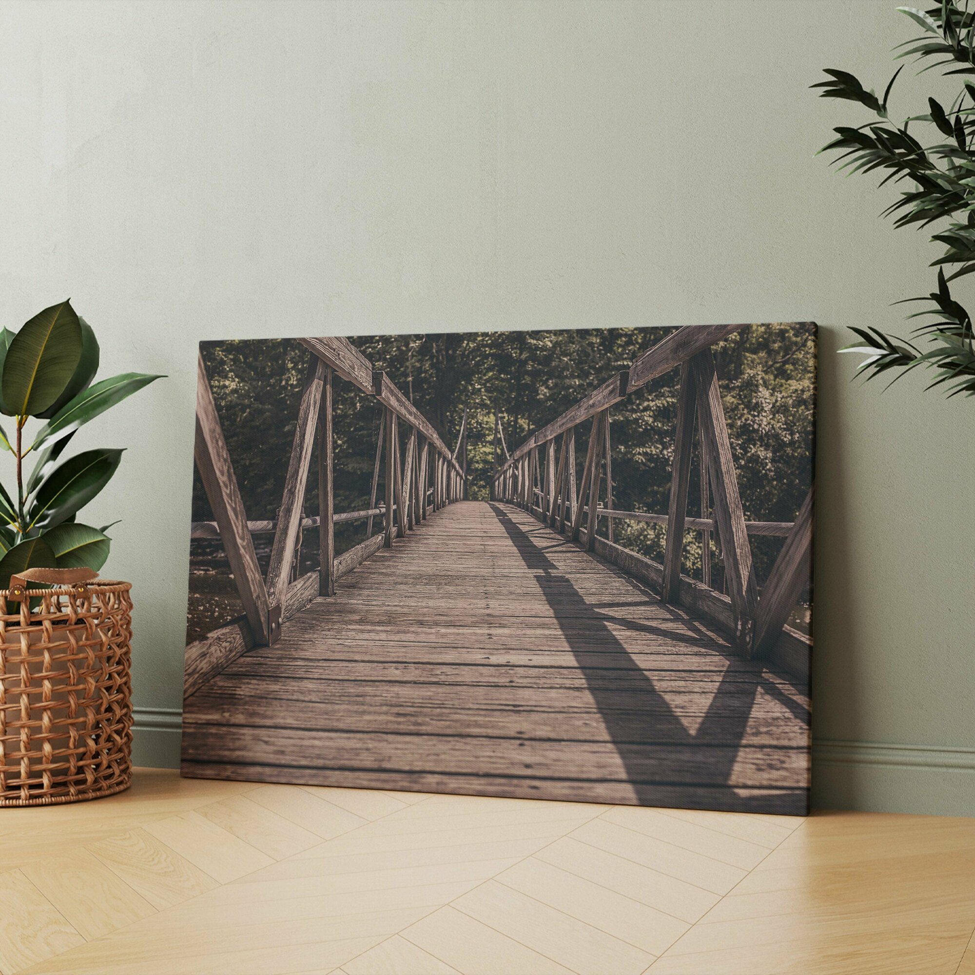 Картина на холсте (старый деревянный мост через реку) 20x30 см/для интерьера/в комнату/на стену/в подарок