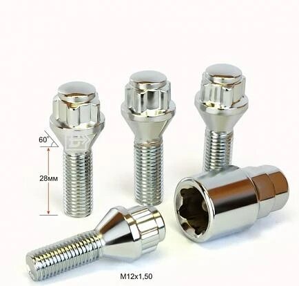 Болт колесный M12*28*1,5 (секрет, конус c буртиком, 5 лучей 1 ключ) (арт. 375110H1)