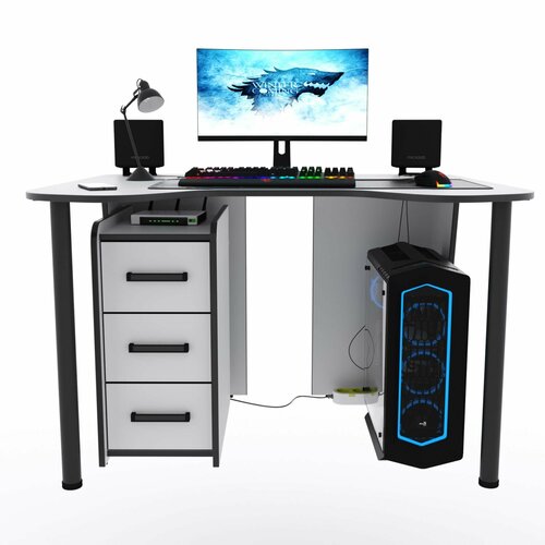 Игровой компьютерный стол Старк с тумбой 140x90x75 см белый с чёрной кромкой 13820₽