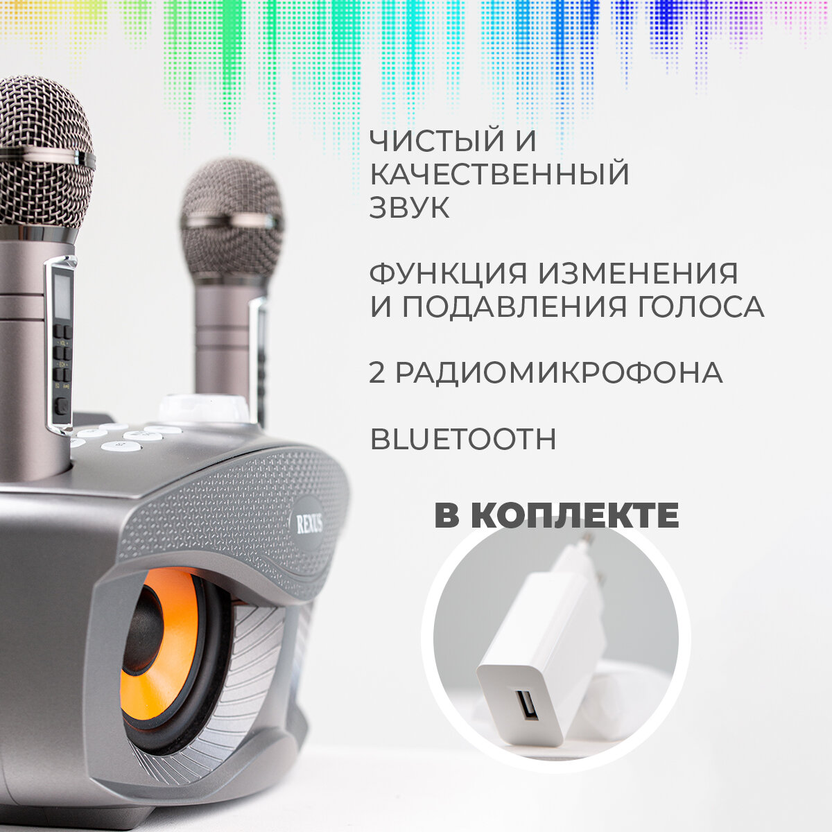 Сова - караоке система, Rexus SD 306 PLUS с двумя перезаряжаемыми радиомикрофонами, изменение голоса , блютуз — фото 1