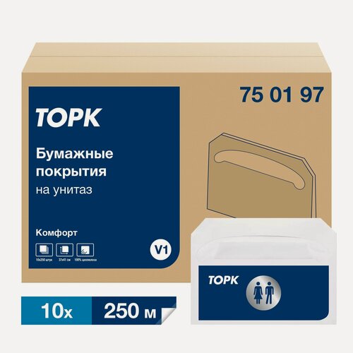 Изображение товара Одноразовые покрытия на унитаз Tork (Tellus) Advenced, система V1, 10 пачек по 250 листов, 1 сл, белые, 100% целлюлоза (арт: 750197)