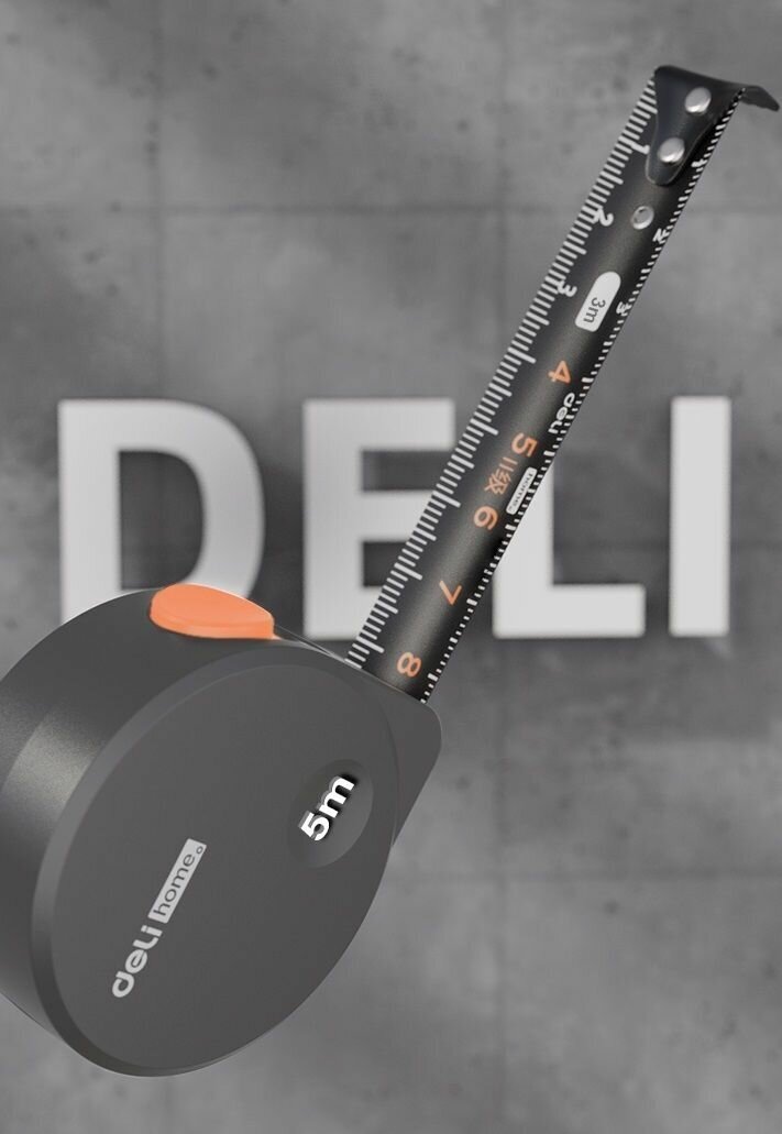 Рулетка измерительная Deli Home Series HT8519C. Корпус - высококачественный софттач пластик. Противоскользящая резиновая вставка, 5м х 19мм, серый — фото 1