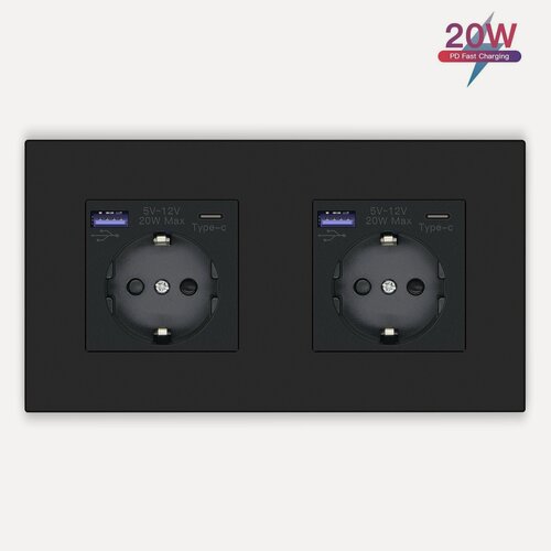 Изображение товара Розетка электрическая двойная с USB и type-C входами, быстрая зарядка 20W, рамка PC пластик Черная