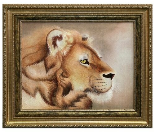 Картина вышитая шелком Голова льва ручной работы /66х55х3 см/в багете