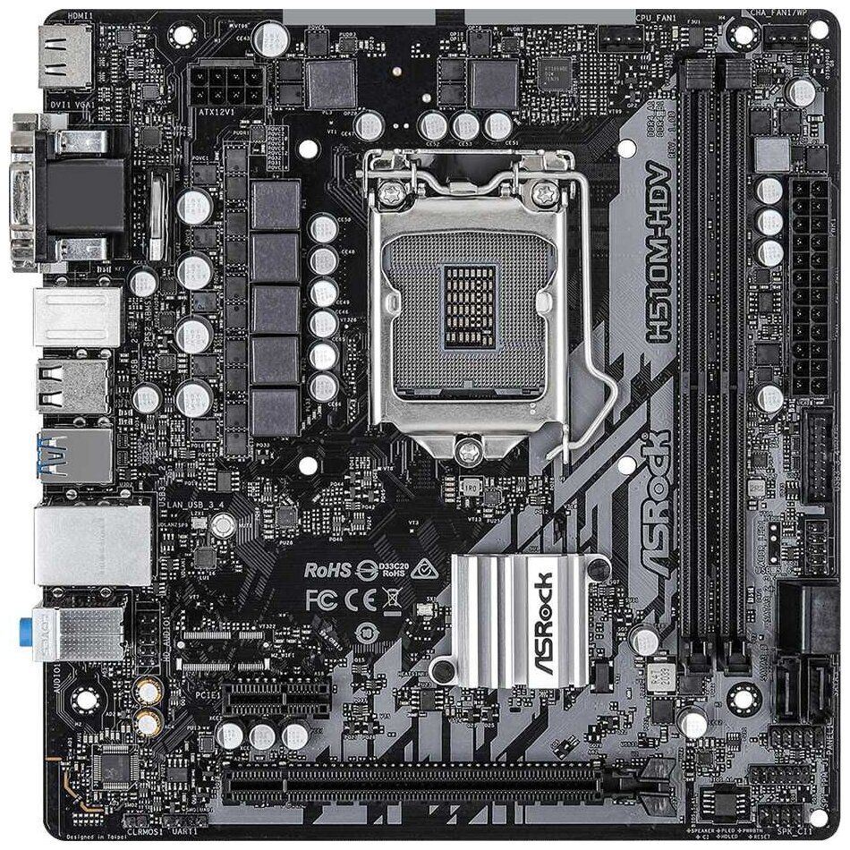 Материнская плата mATX ASRock H510M-HDV LGA1200 H510 2DDR43200 4SATA 6G RAID 2PCIE 71CH Glan D-Sub DVI-D HDMI 4USB 32