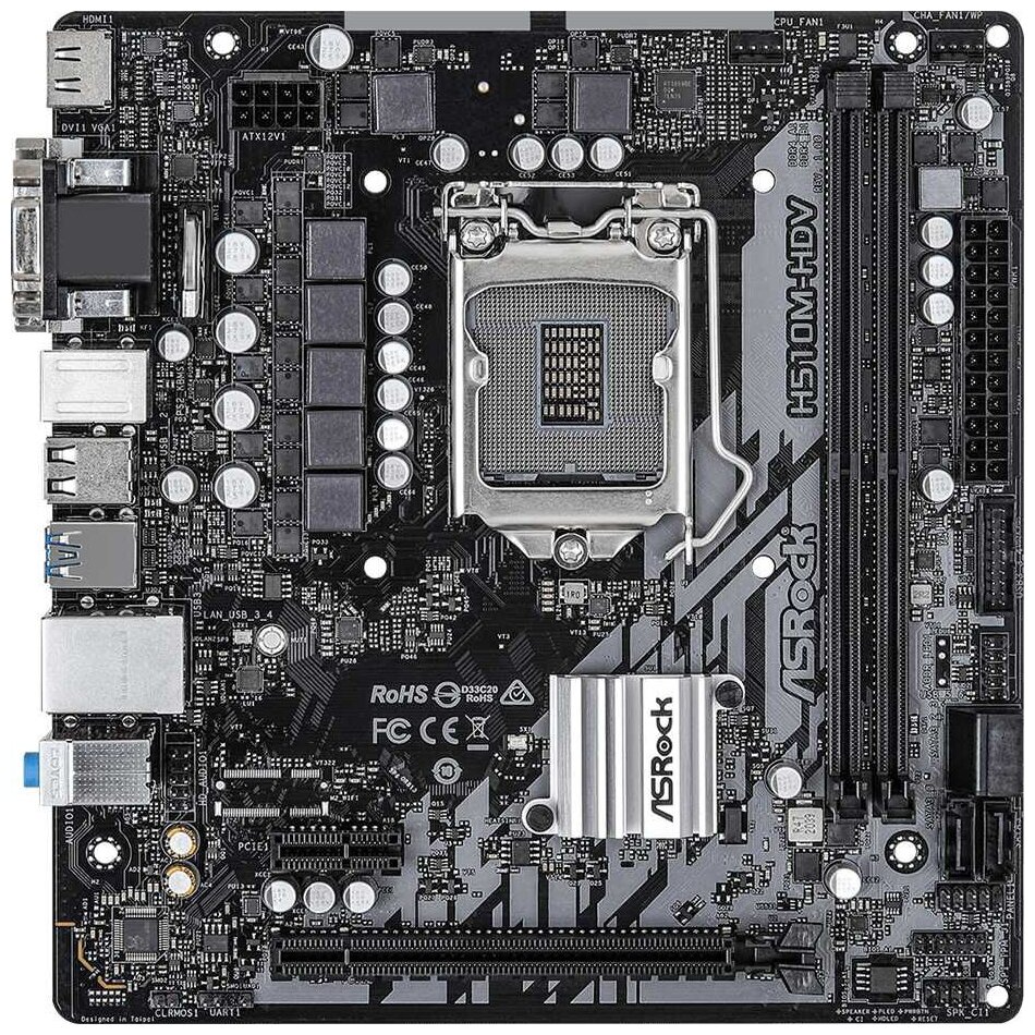 Материнская плата mATX ASRock H510M-HDV (LGA1200, H510, 2*DDR4(3200), 4*SATA 6G RAID, 2*PCIE, 7.1CH, Glan, D-Sub, DVI-D, HDMI, 4*USB 3.2)