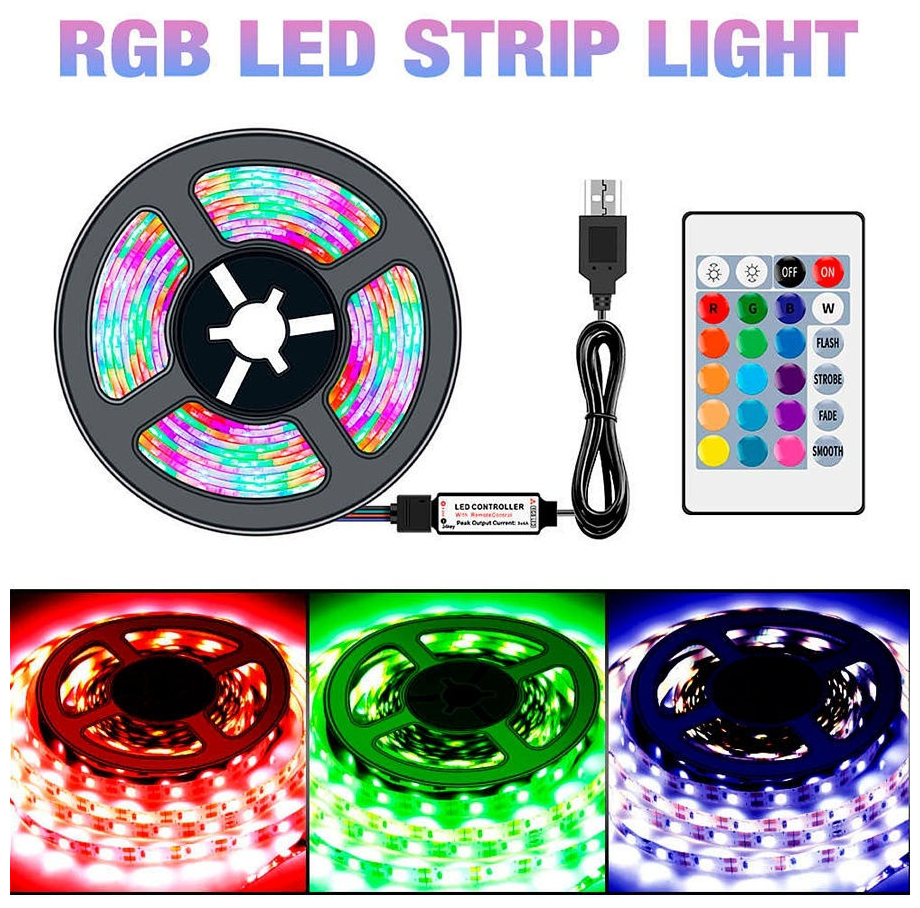 Водонепроницаемая гибкая RGB светодиодная лента usb + пульт цветная / Светодиодная лента / RGB лента / светодиодная лента с пультом 2 м LED лента