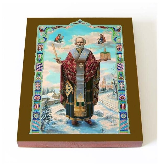 Святитель Николай Чудотворец на зимнем фоне "Никола Можайский", икона на доске 13*16,5 см
