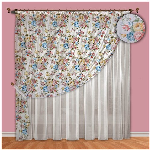 Комплект штор Милана, вуаль-печать + тюль-вуаль. Размер (В*Ш): 270*400 см. Цвет - голубой.