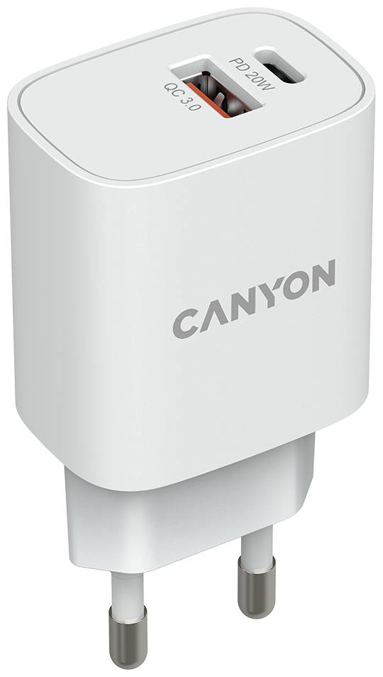 Сетевое зарядное устройство Canyon H-20-04, USB-C + USB-A, 3A, белый [cne-cha20w04]