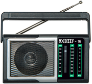 Радиоприемник "Эфир-16", УКВ 76-108МГц, СВ 530-1600КГц, КВ, от батареек 2xAA, от аккумулятора 500mA/h, портативный, аналоговый