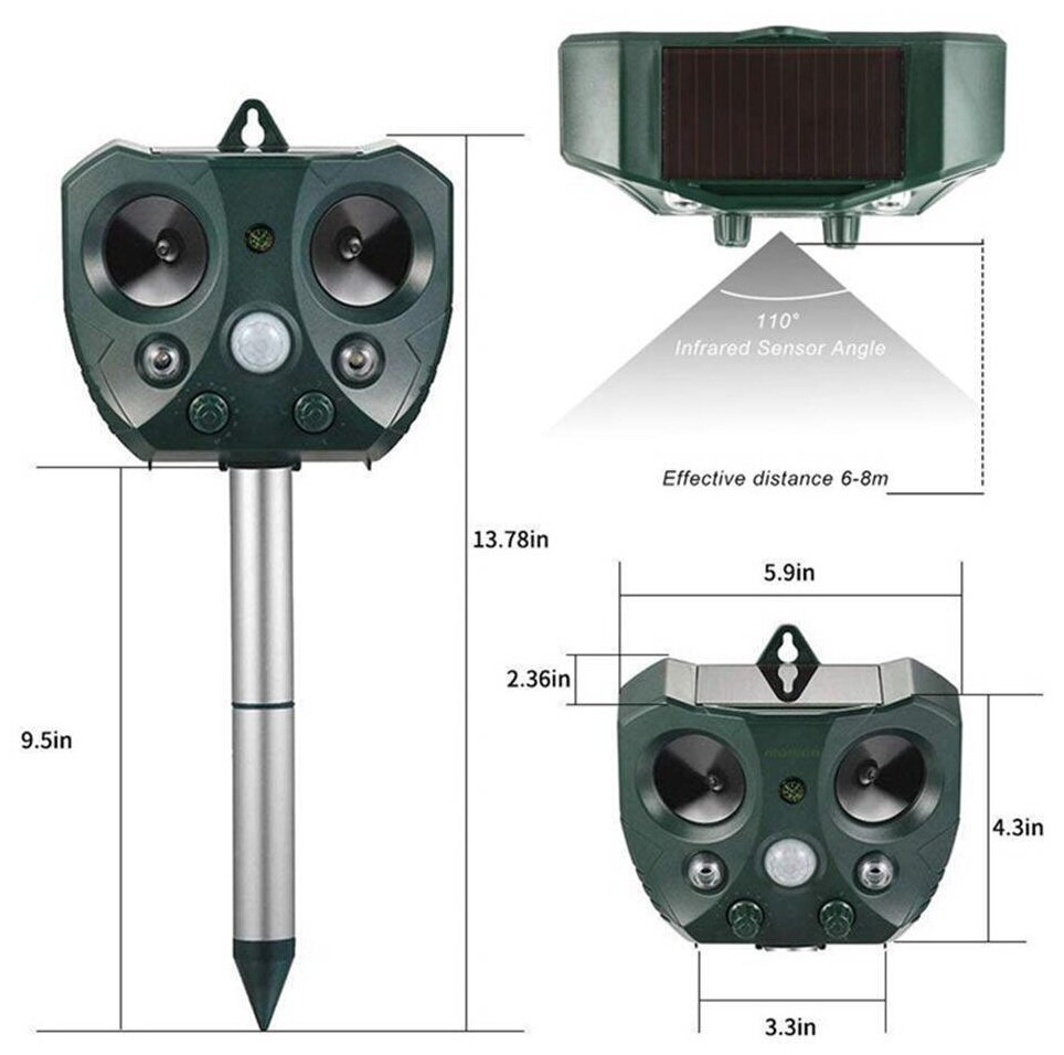 Ультразвуковой отпугиватель животных, отпугиватель крыс, мышей и других грызунов, собак, кошек, птиц на солнечной батарее - фотография № 8