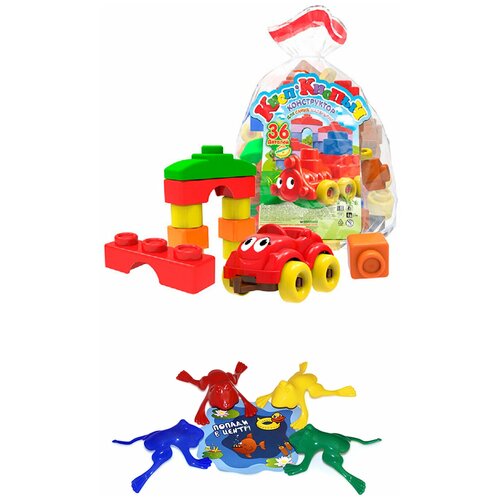 Развивающие игрушки для малышей набор Конструктор Кноп-Кнопыч 36 крупных деталей + Набор прыгающих лягушат Команда КВА №1 биплант