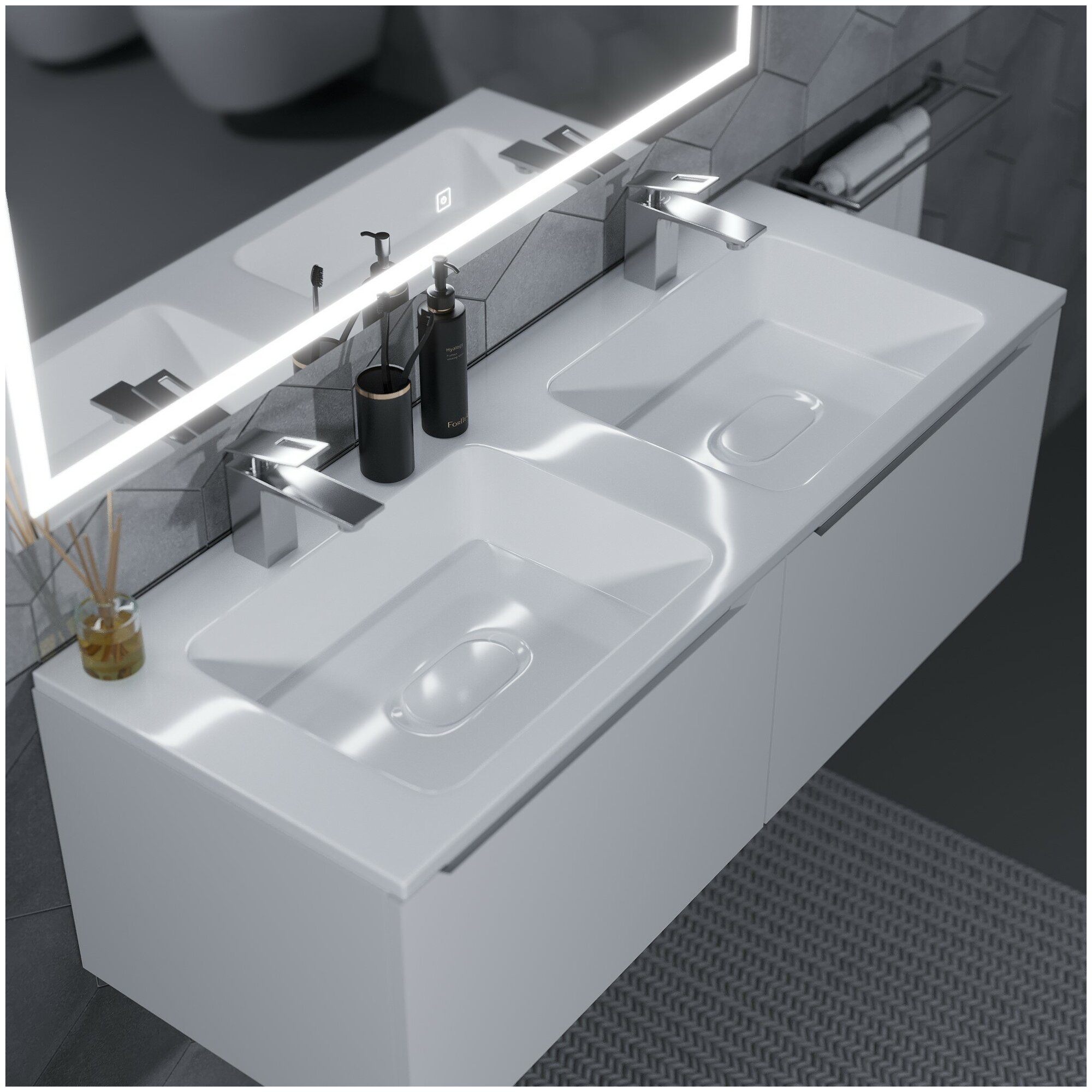 фото Раковина для ванной полувстраиваемая двойная Uperwood Modul 120 см, прямоугольная