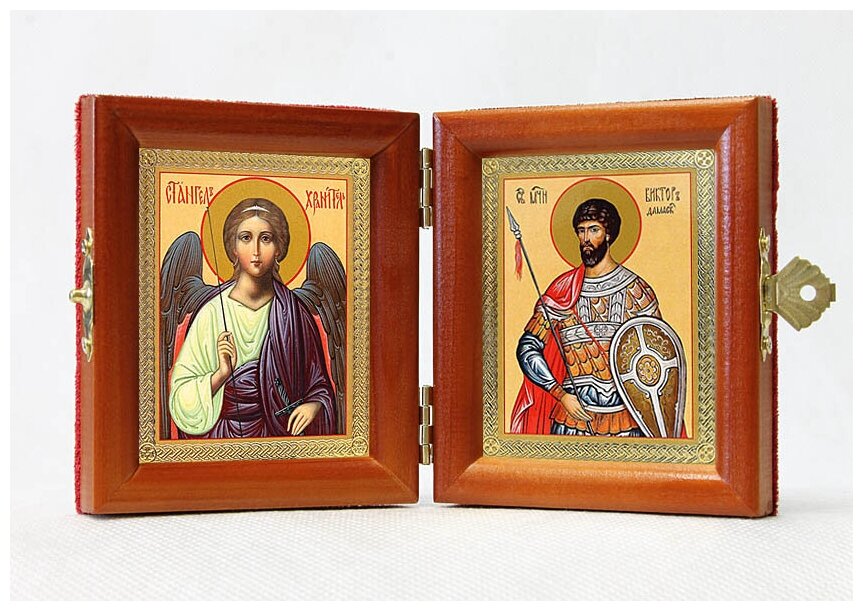 Складень именной "Мученик Виктор Дамасский - Ангел Хранитель", из двух икон 8*9,5 см