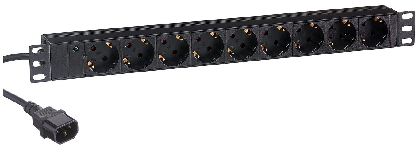 Блок розеток горизонтальный ExeGate ServerPro PDU-19H906 Al-9S-C14-2.5CU (19", 1U, Алюминий, 9 Schuko, кабель с вилкой C14 VDE-250V-10A-3*1.0mm2, медь, 2.5 метра, черный, RTL) EX280852RUS