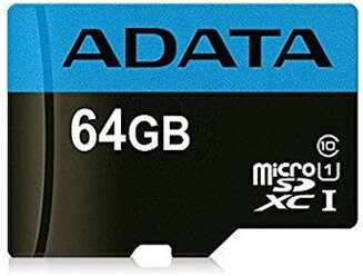Карта памяти ADATA microSDXC 64 ГБ, UHS-I U1, R 50 МБ/с, адаптер на SD, 1 шт., черный