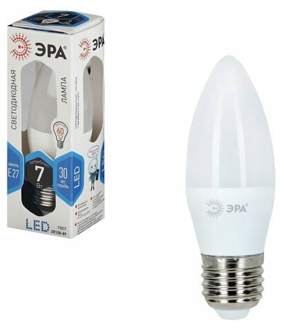 Лампа светодиодная ЭРА,7(60)Вт, цоколь E27, свеча, холодн. бел, 30000ч, LED smdB35-7w-840-E27