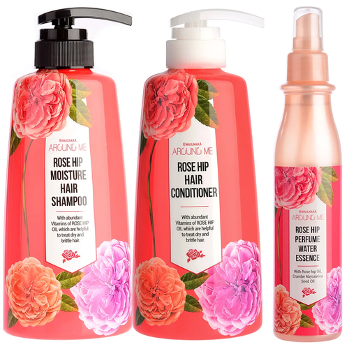 Комплект: Шампунь + Кондиционер + Эссенция Welcos Around me Rose Hip Hair Shampoo + Conditioner + Essence, 500 мл / 500 мл / 200 мл