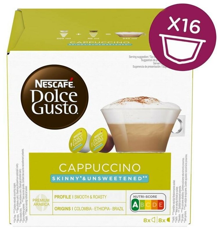 Кофе в капсулах Nescafe Dolce Gusto Cappuccino Skinny Unsweetened, 48 капсул (3 уп х 16 шт), обезжиренный, без сахара