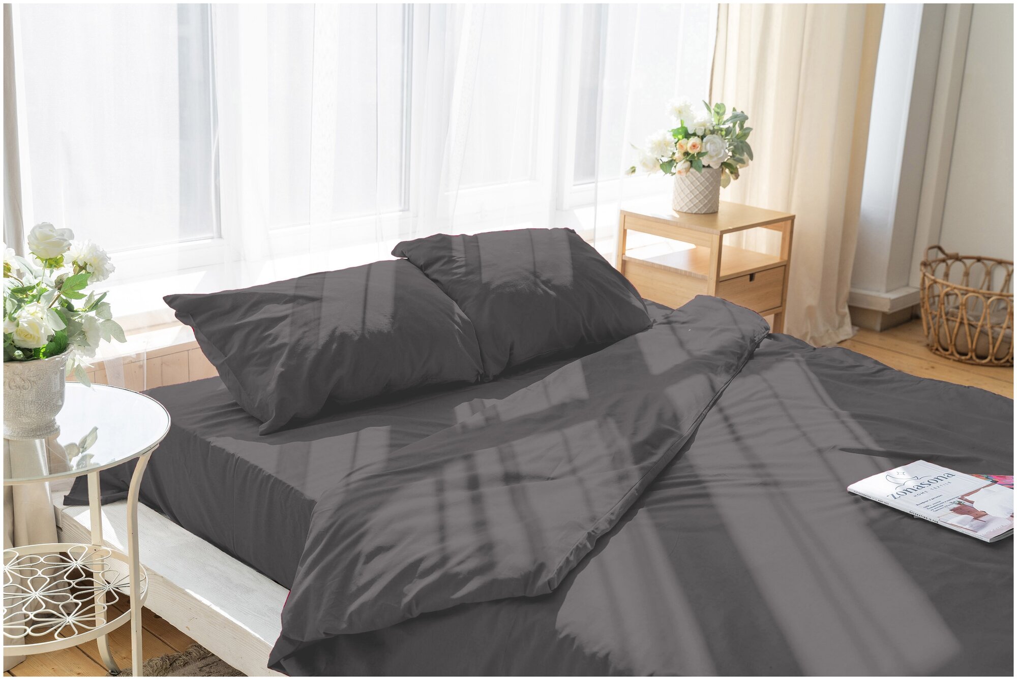 Комплект постельного белья ZonaSona с простыней на резинке, Графит, 2 спальный, поплин, наволочки 50х70 2 шт. - фотография № 3