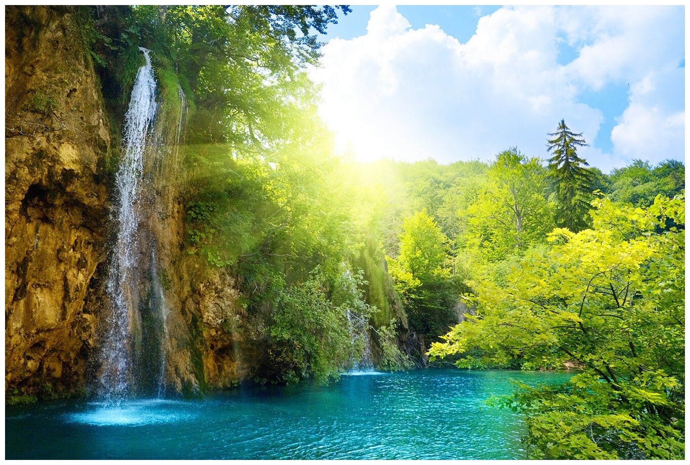 Фотообои Уютная стена "Водопад в глухом лесу Хорватии" 400х270 см Виниловые Бесшовные (единым полотном)